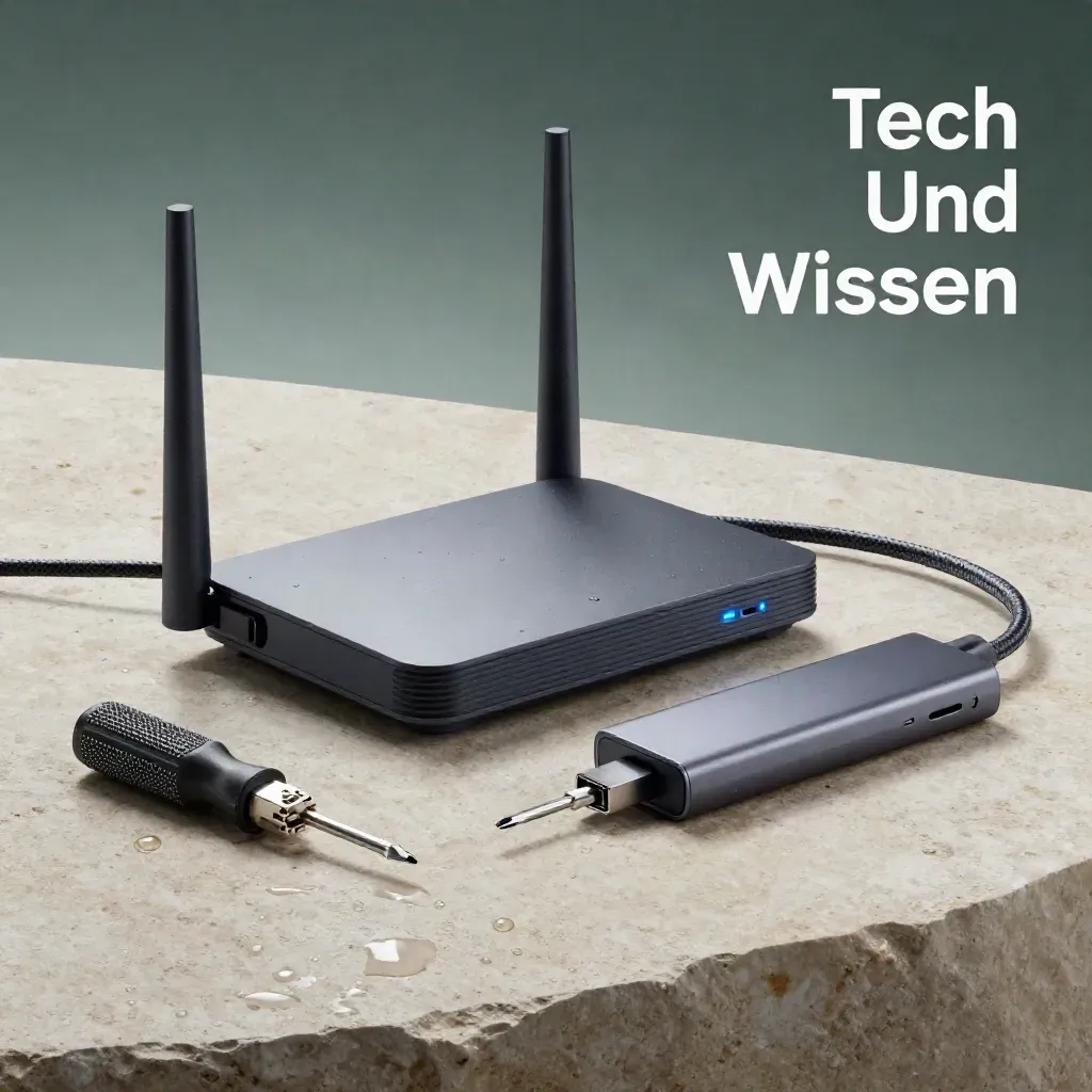 Charcoal-WLAN-Router mit Kabeln und Werkzeug auf nassem hellem Stein im Studio-Hero-Look