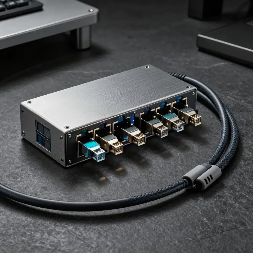 Netzwerk-Switches, Patchkabel und RJ45-Stecker auf dunklem Stein mit Cyan-Akzent