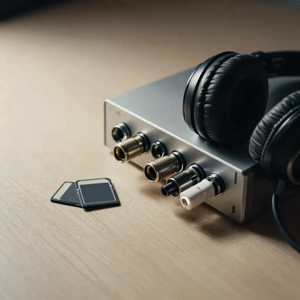 Audio-Interface, Kopfhörer, XLR-Stecker und SD-Karten auf hellem Holz.
