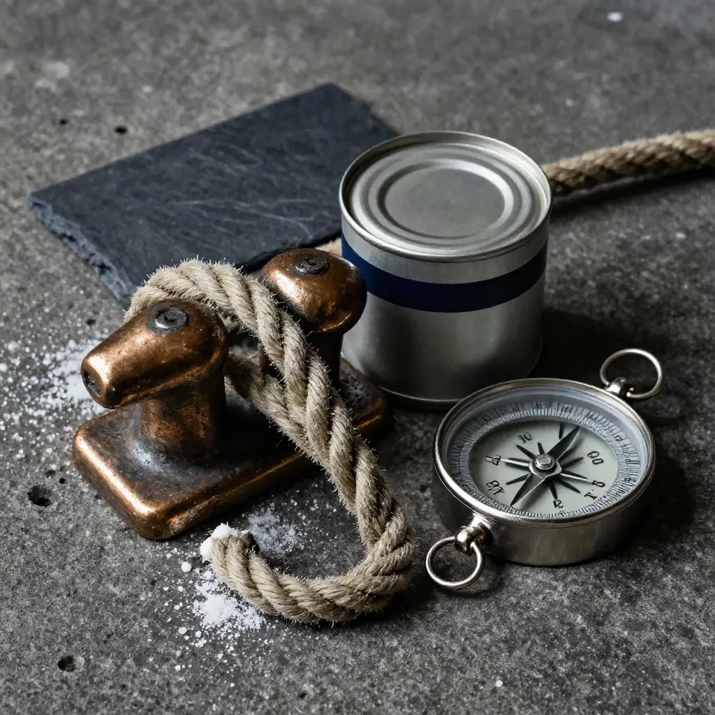 Bronzeklampe, Seil, Markierkanister und Kompassgehäuse auf dunklem Beton mit Salzschleier.