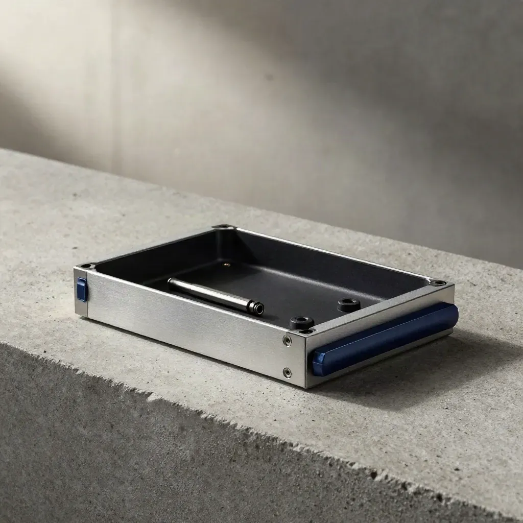 Makro eines SSD-Gehäuses, Adapterhülle, Inbus-Schlüssel und Gummitüllen auf hellem Beton.