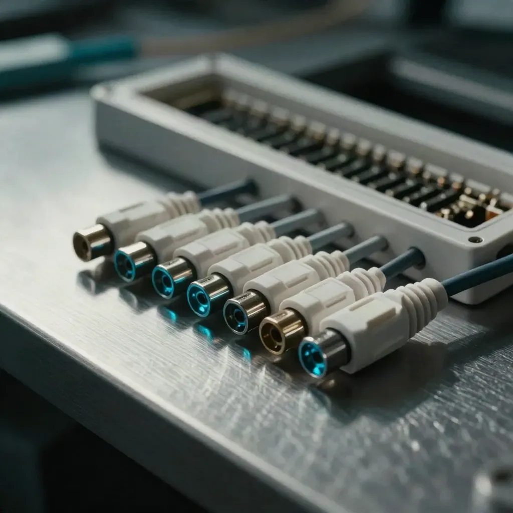 Glasfaser-Stecker und Kupplungen auf gebürstetem Metall mit cyanfarbenem Glanz