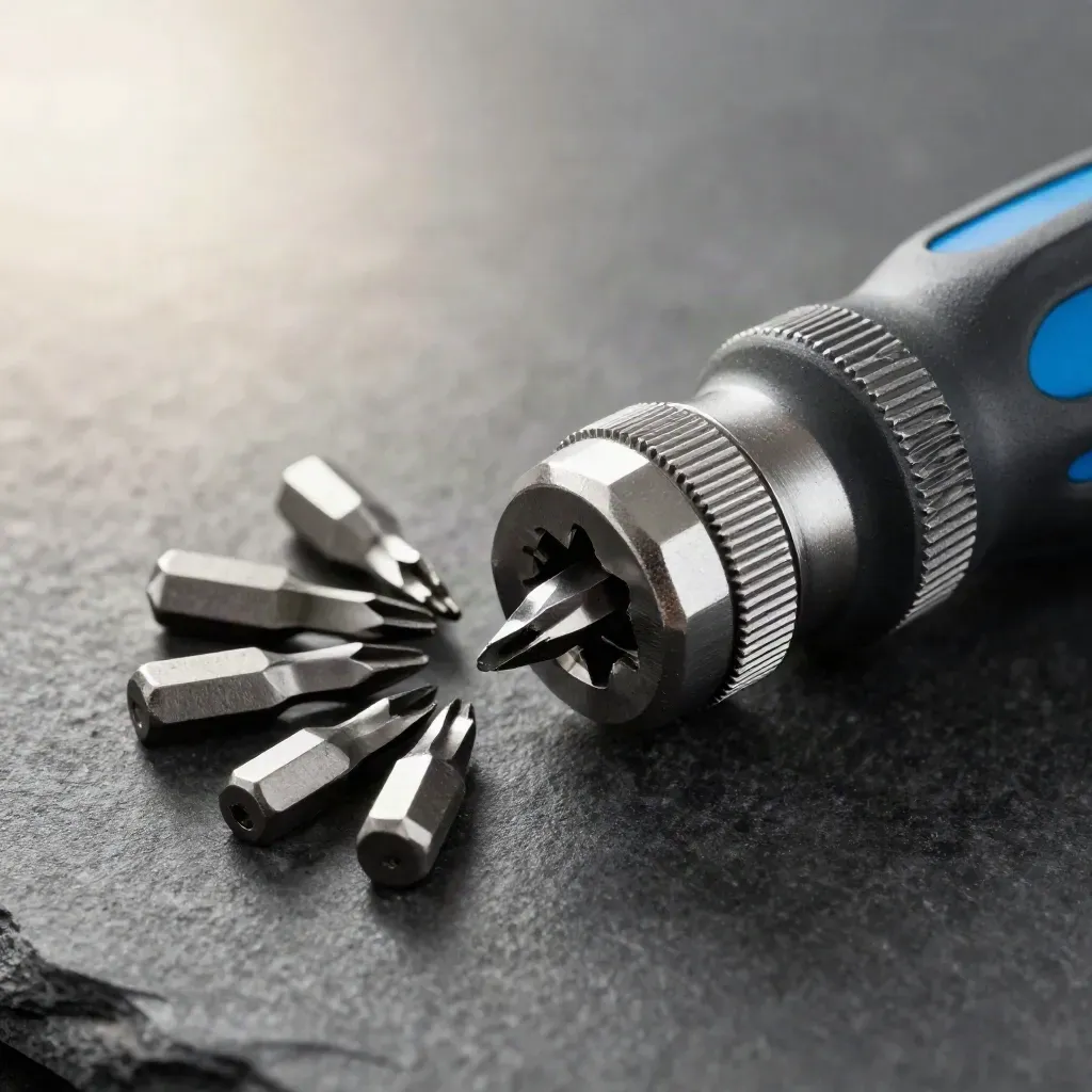 Makro eines Präzisions-Schraubendrehers mit drei Hex-Bits auf mattem Stein