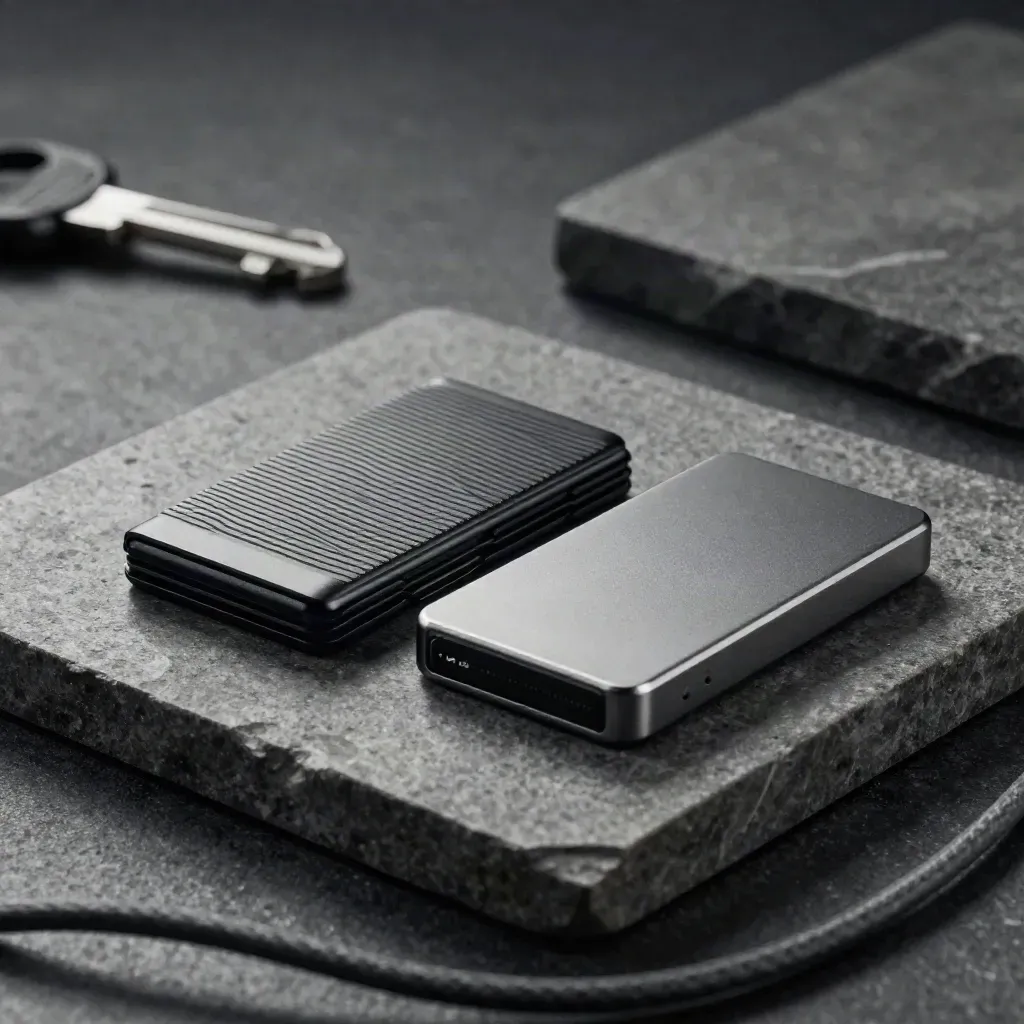 Zwei matte externe SSDs mit Gummispacern auf Stein, dramatisch seitlich beleuchtet.