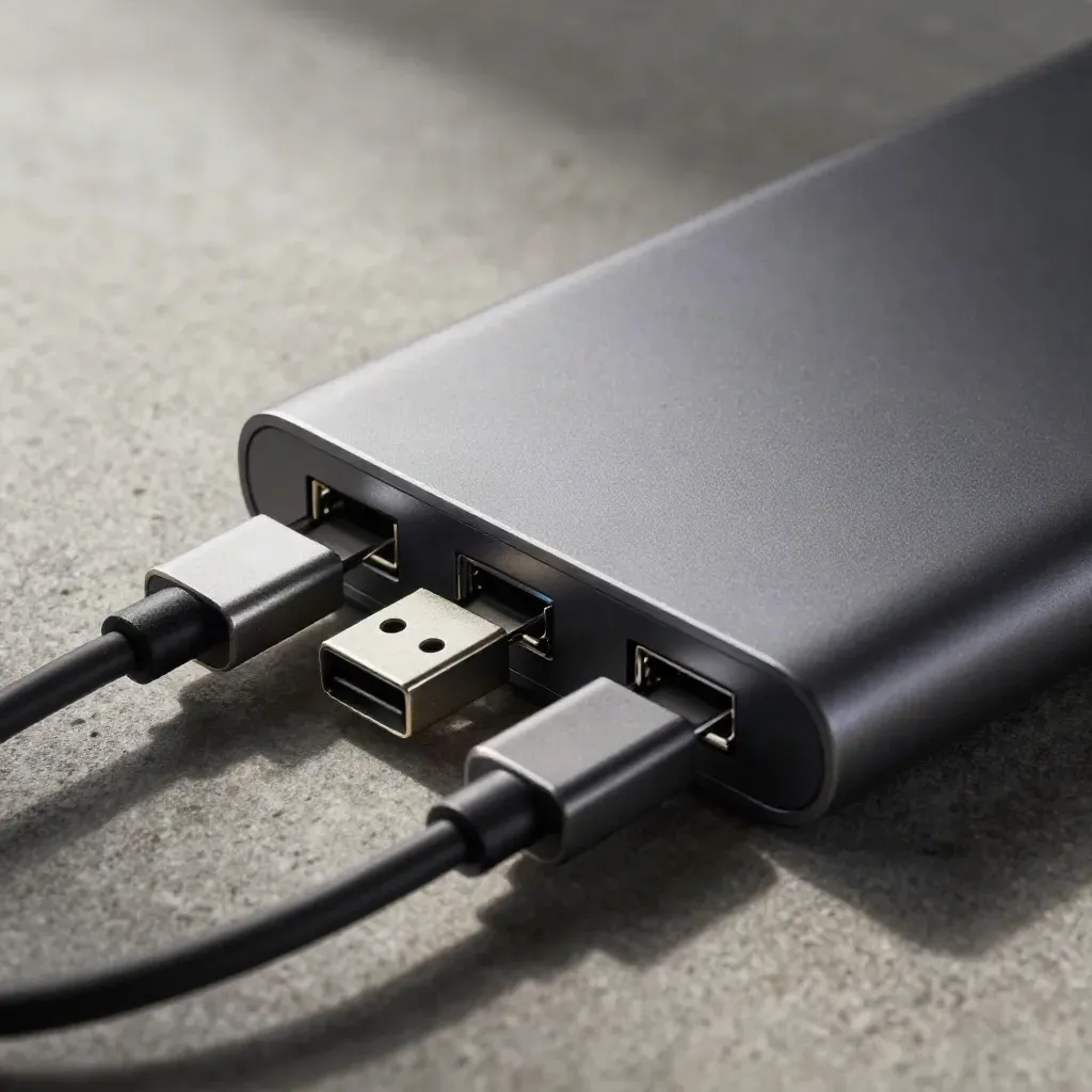 Makro eines USB‑C-Docks mit Adaptern und Kabel auf grauer Steinoberfläche.