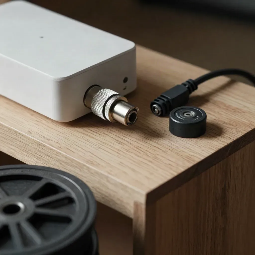 Wi-Fi-Mesh-Node, Koax-Adapter und Kabelclips auf heller Eiche, durch eine unscharfe Kabelspule gesehen.