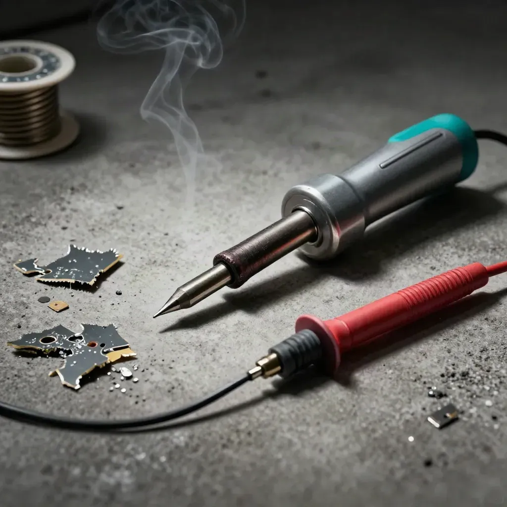 Lötkolben, Multimeter-Prüfspitzen und Platinenreste auf Beton im dramatischen Licht.