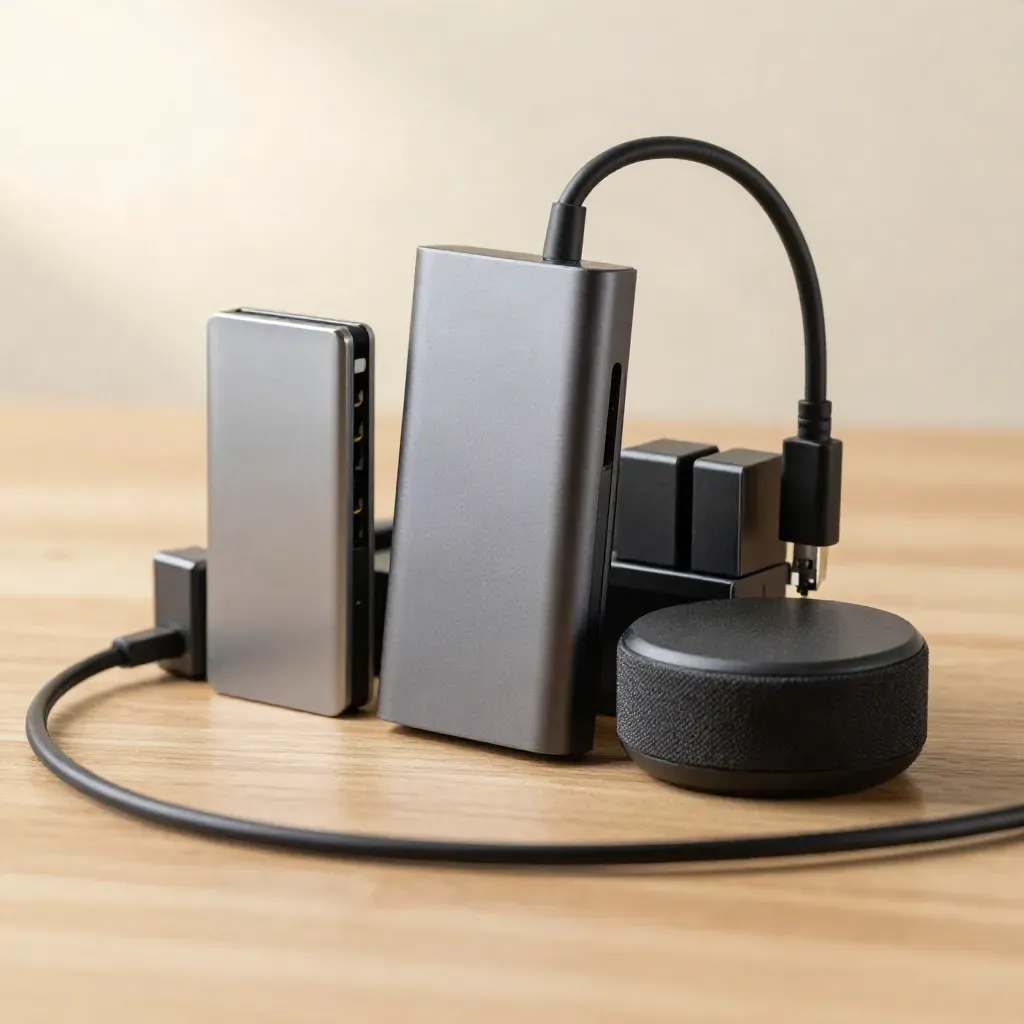 USB-Hub, SSD und Konferenzspeaker mit Kabelorganizer auf hellem Holz.