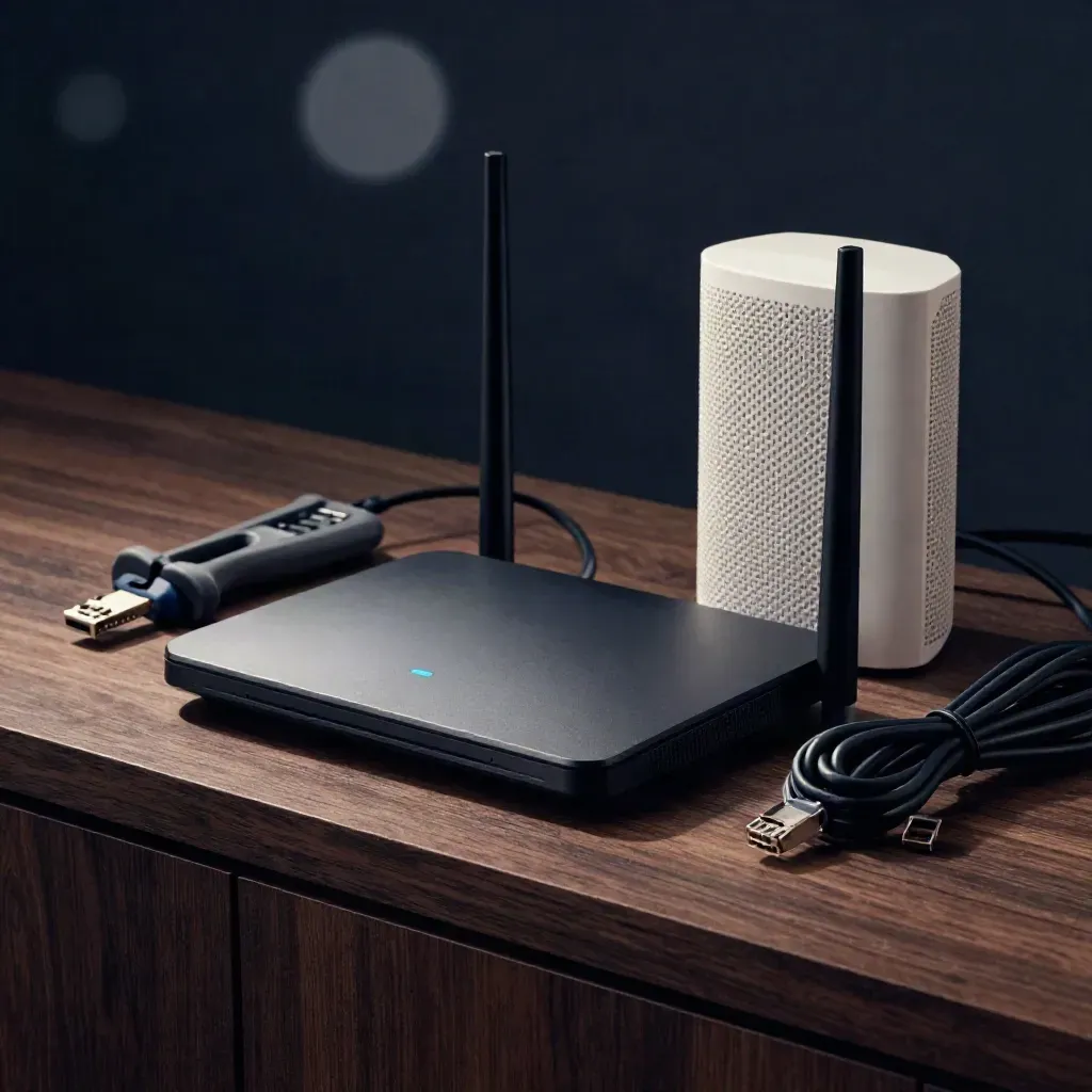 Router, Kabeltester und Mesh-Extender auf dunklem Walnussholz im dramatischen Licht.