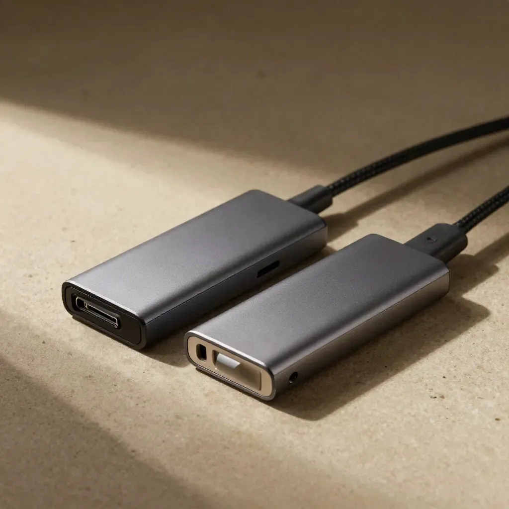Zwei externe Laufwerke und USB-Hub auf Stein, von oben in ruhiger Dunkelheit.