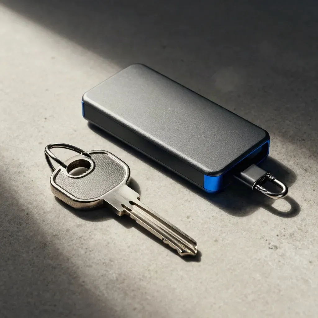 Hardware-Sicherheitsschlüssel, verschlüsselter Datenträger und Kabelschloss auf gebürstetem Stein