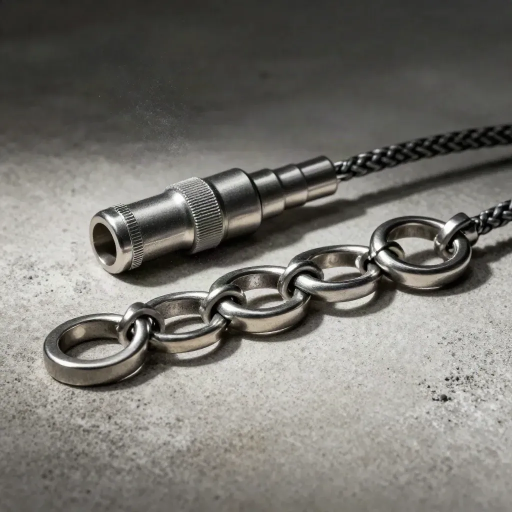 Stahlringe, Kabelkupplung und geflochtenes Kabel auf Beton, dramatisch beleuchtet.