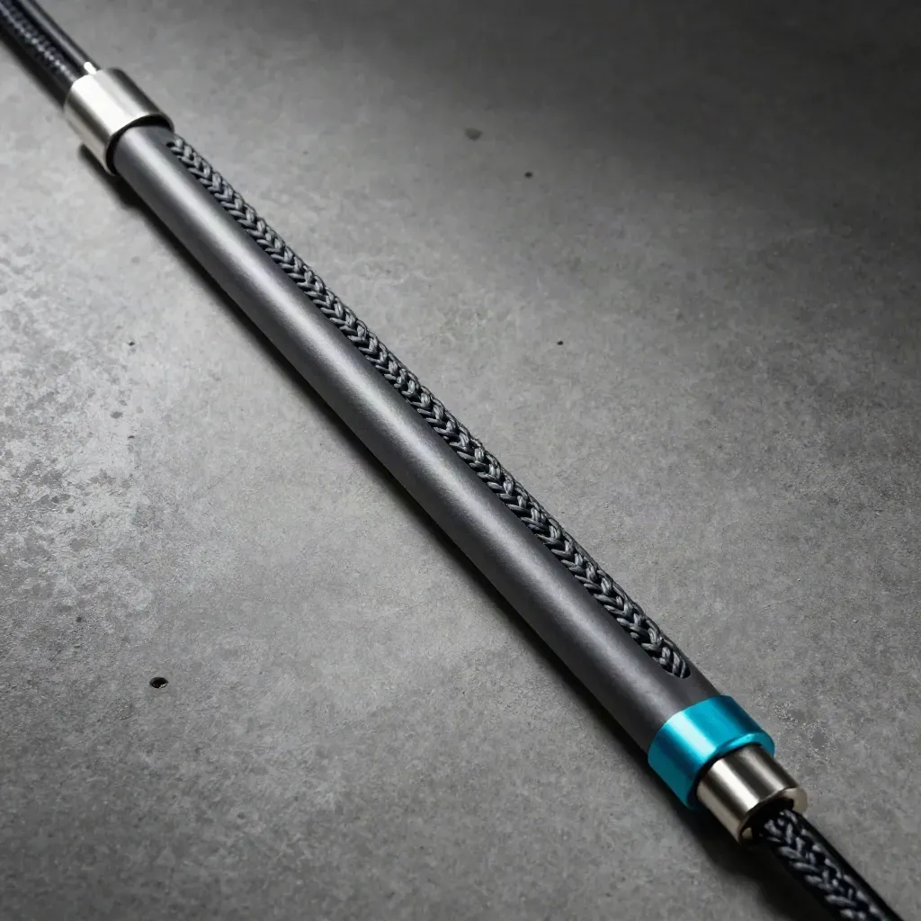 Rail, Stecker und geflochtenes Kabel auf Beton, oben fotografiert, mit cyanfarbenem Akzent.