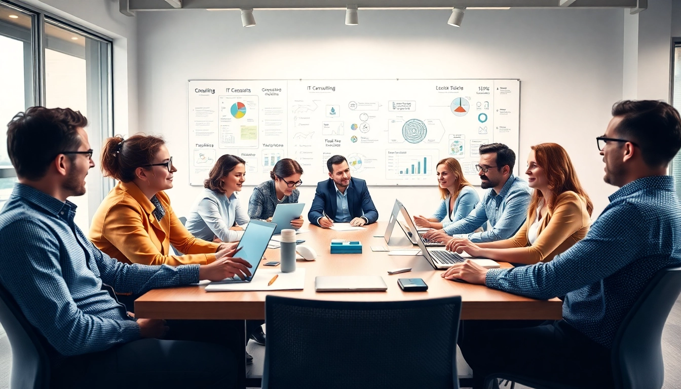 IT Consulting session with a diverse team collaborating in a modern office.