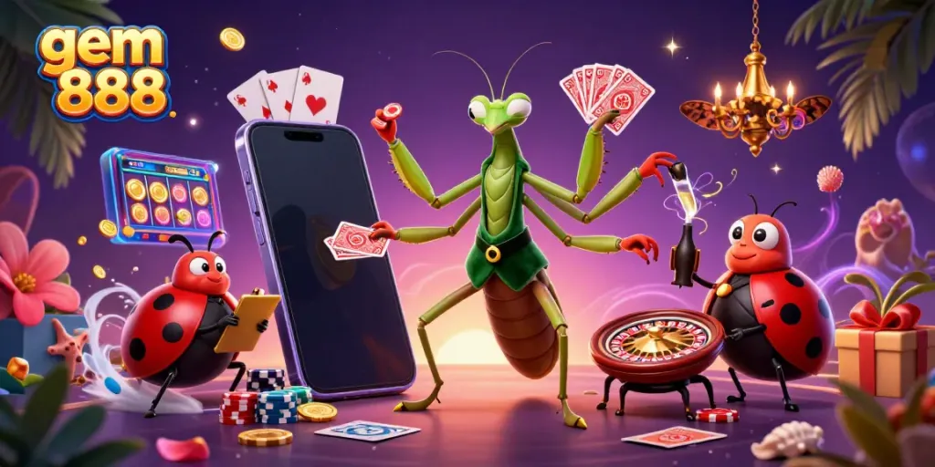 Engage with gem 888 in a lively casino scene featuring colorful slot games and energetic characters.