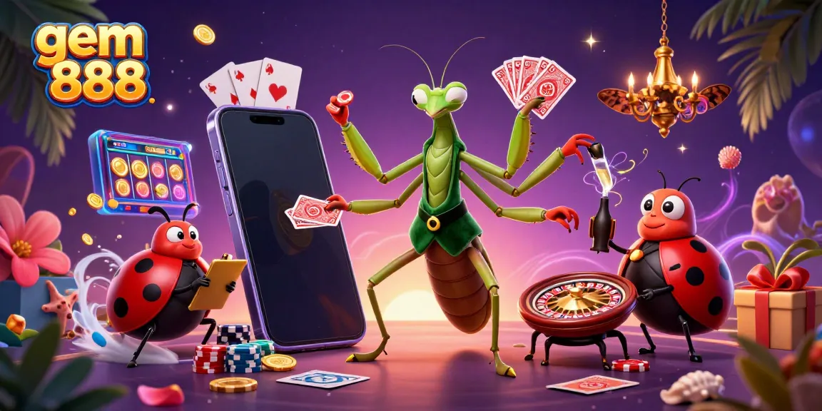 Engage with gem 888 in a lively casino scene featuring colorful slot games and energetic characters.