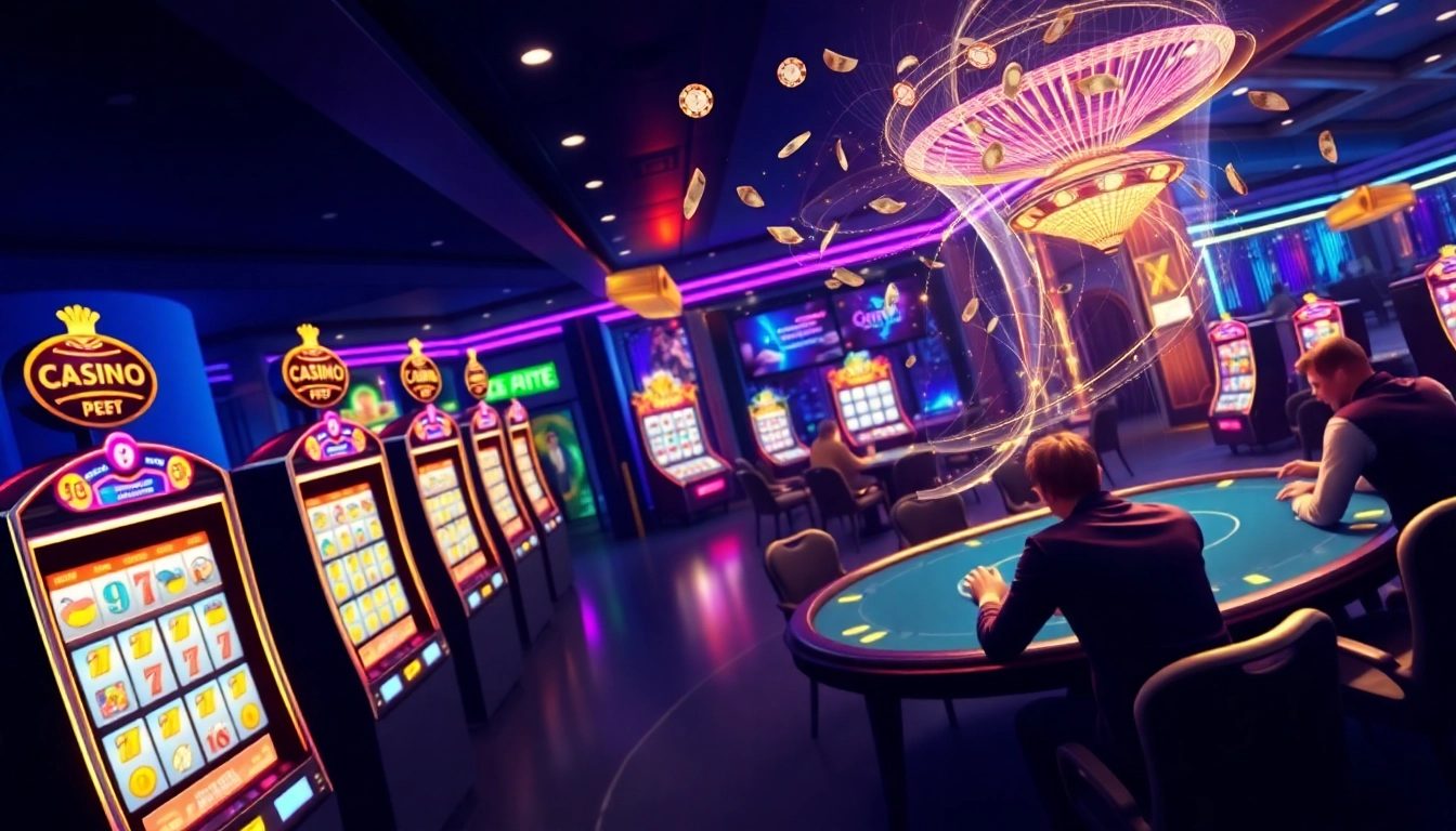 Immerse yourself in the thrilling atmosphere of an online casino with vibrant slot machines and engaging players.