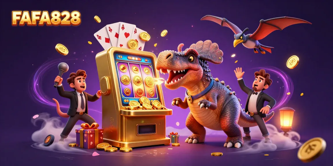 FAFA828's dynamic casino scene with characters and casino elements celebrating jackpot payouts.