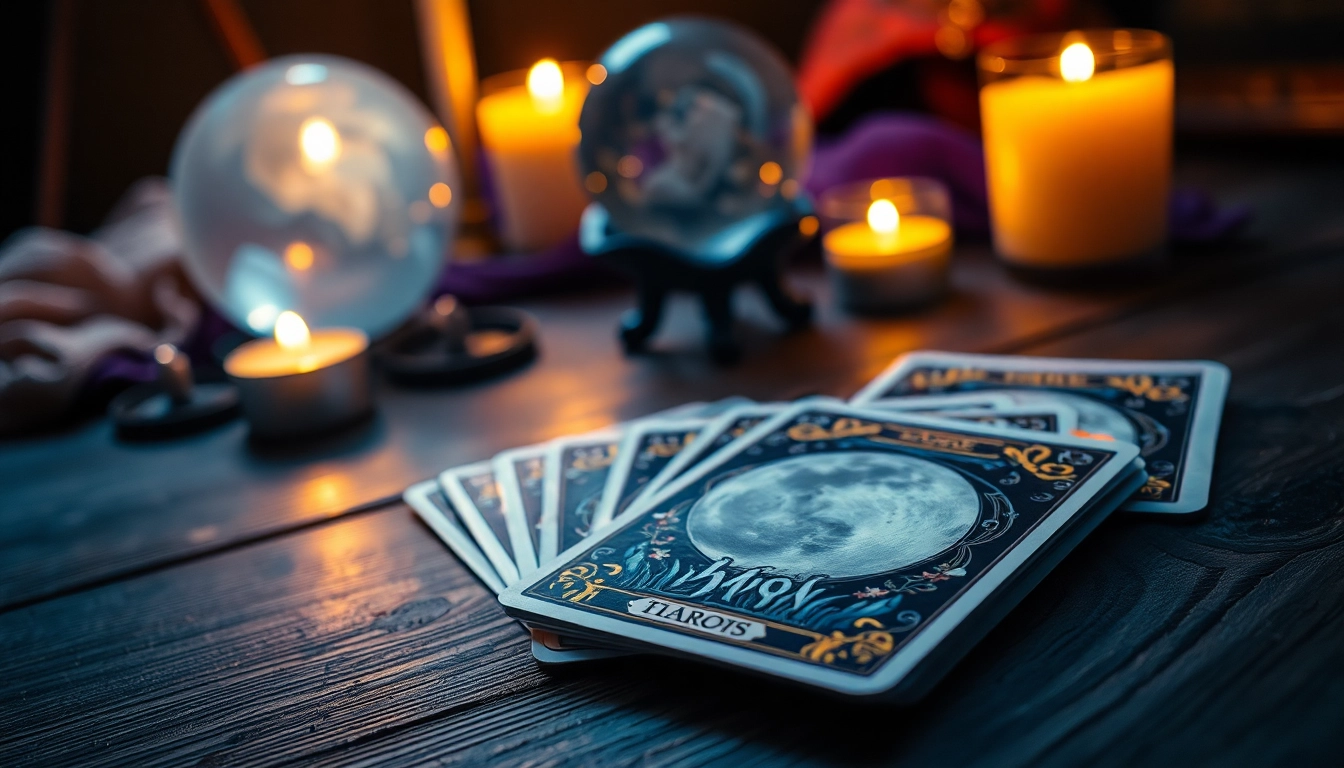 Entdecken Sie die tarotkarten bedeutung in einem mystischen Tarot-Setup mit Kerzen und Kristallkugel.
