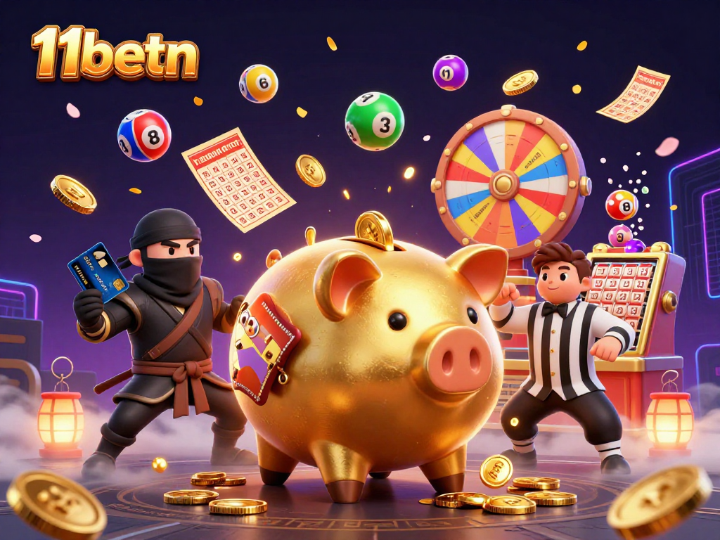 Experience exciting gameplay with 11betn as a golden piggy bank wrestler stomps coins while games unfold.