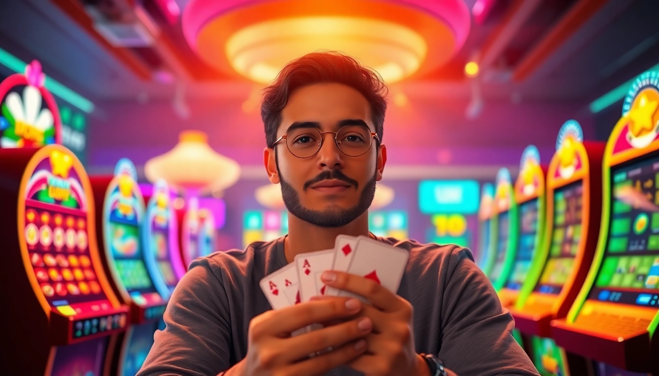Spielen Sie casino spiele kostenlos spielen ohne anmeldung, während spannende Spielautomaten und Karten im Hintergrund leuchten.