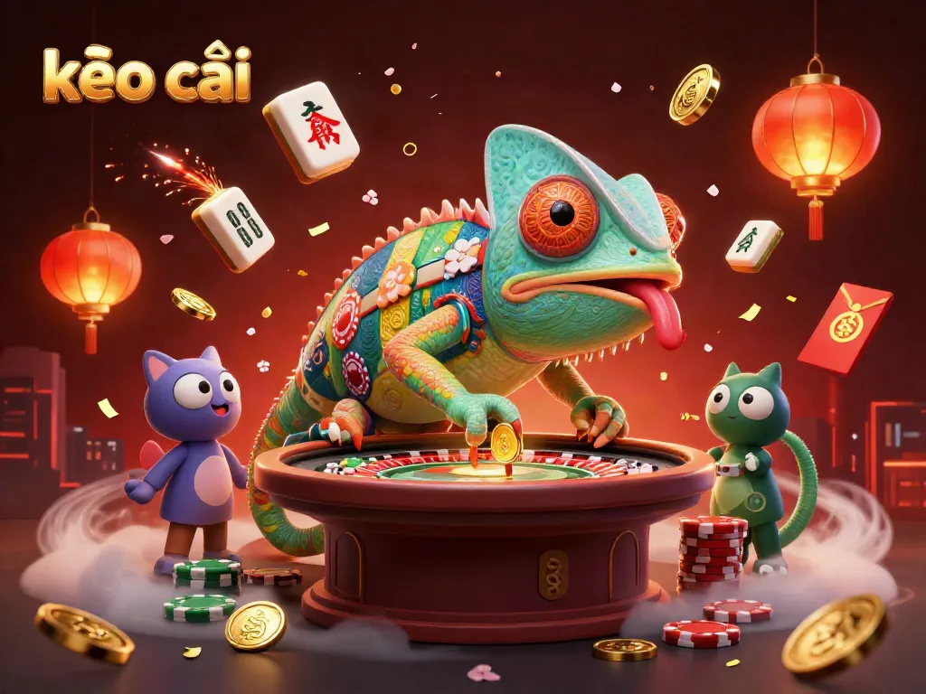 Experience thrilling kèo nhà cái action with a vibrant cartoon chameleon casino owner amidst festive game elements.