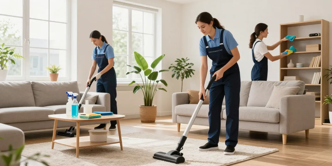 Cleaning service team at work in a bright living room, showcasing the professionalism of putzinstitute bern.