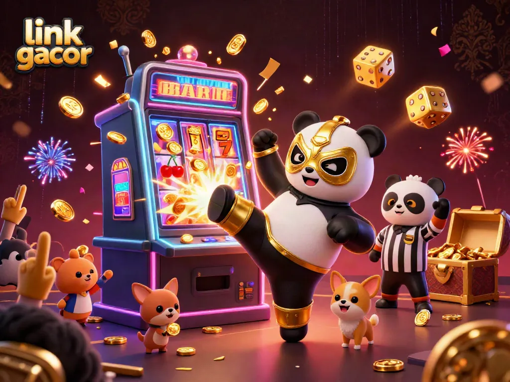 Experience the thrill of slots at link gacor with a dynamic scene of cute characters and a jackpot explosion.