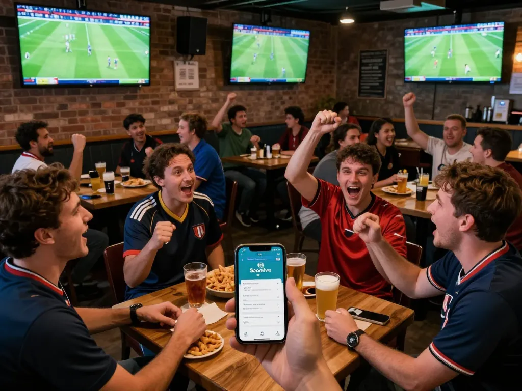 Socolive app displayed on smartphone during an exciting football match in a lively sports bar.