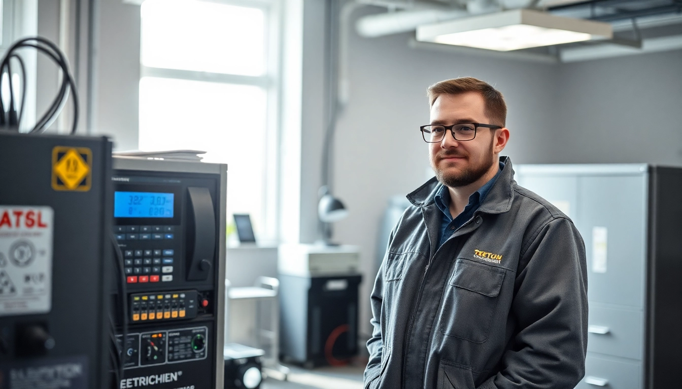 Techniker bei der DGUV V3 Prüfung von elektrischen Geräten im Büro für Sicherheit und Effizienz.