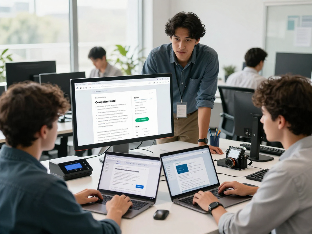 Barrierefreie und rechtssichere Webseiten Dienstleistung showcased through a collaborative web development team ensuring compliance and accessibility in a bright office environment.