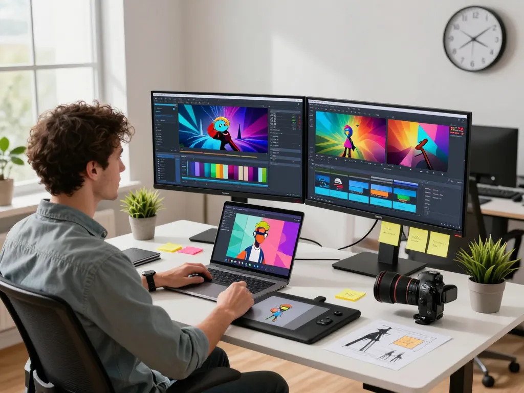 Kling 2.6 motion control in a creative video production workspace showing monitors with animations and editing software.