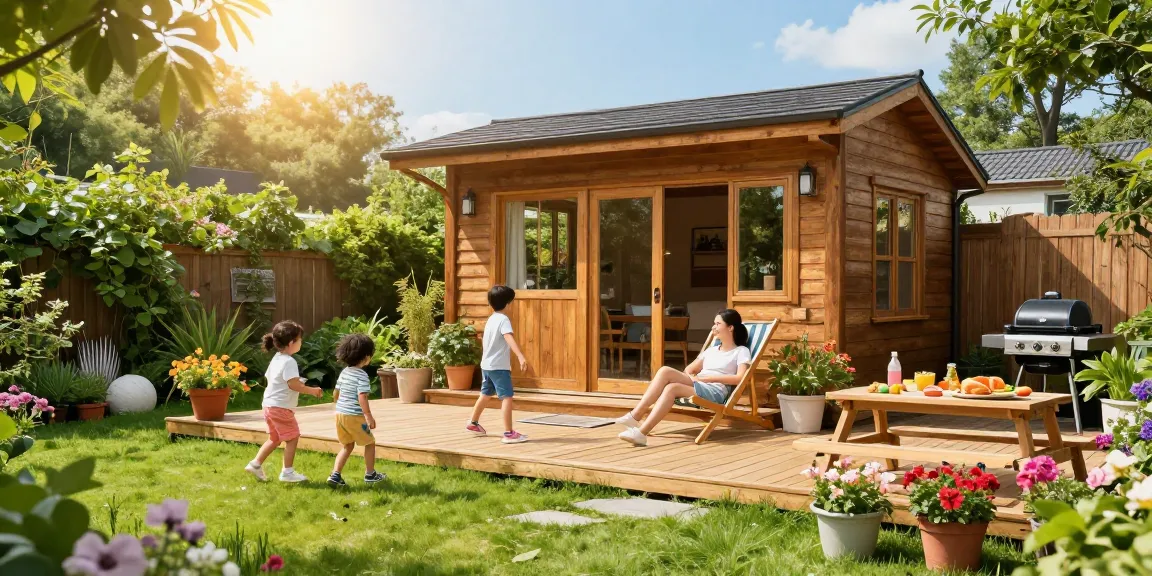 Gartenhaus kaufen in einer einladenden Gartenlandschaft mit Familie und Blumen.