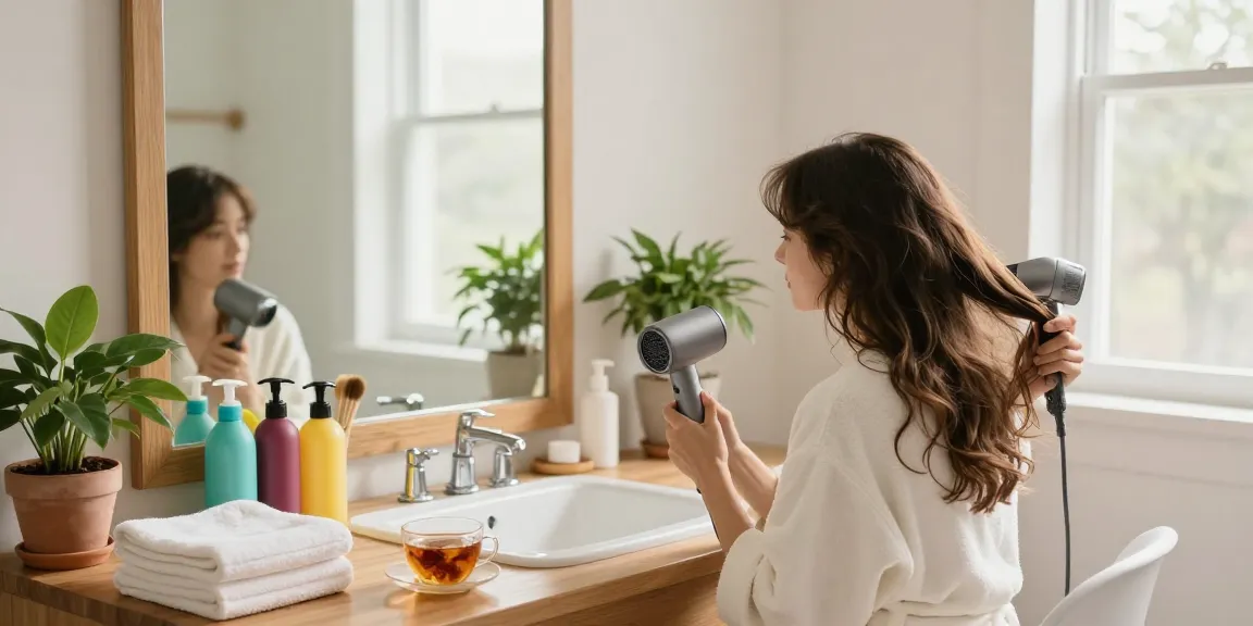 Using a mini blow dryer in a bright, cozy bathroom for effortless hair styling.
