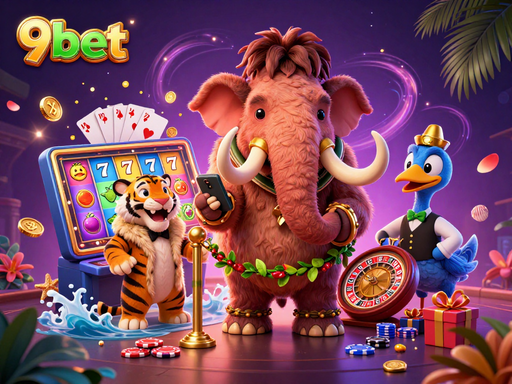 Experience thrilling moments with 9bet's vibrant casino illustration featuring iconic characters.