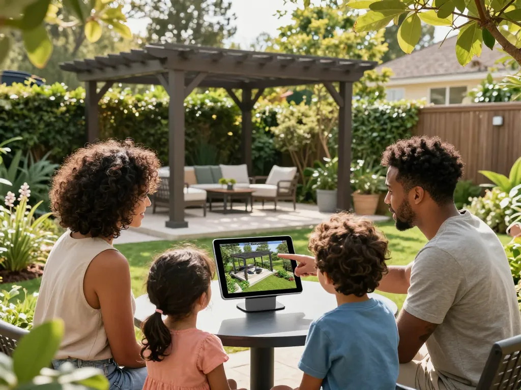 Interaktive Familie nutzt den Pergola Konfigurator 3D auf einem Tablet in einem sonnendurchfluteten Garten