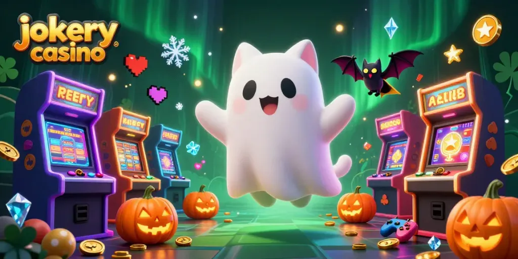 Experience thrilling gaming at jokery casino, a vibrant 3D scene with a ghost cat and glimmering slots.
