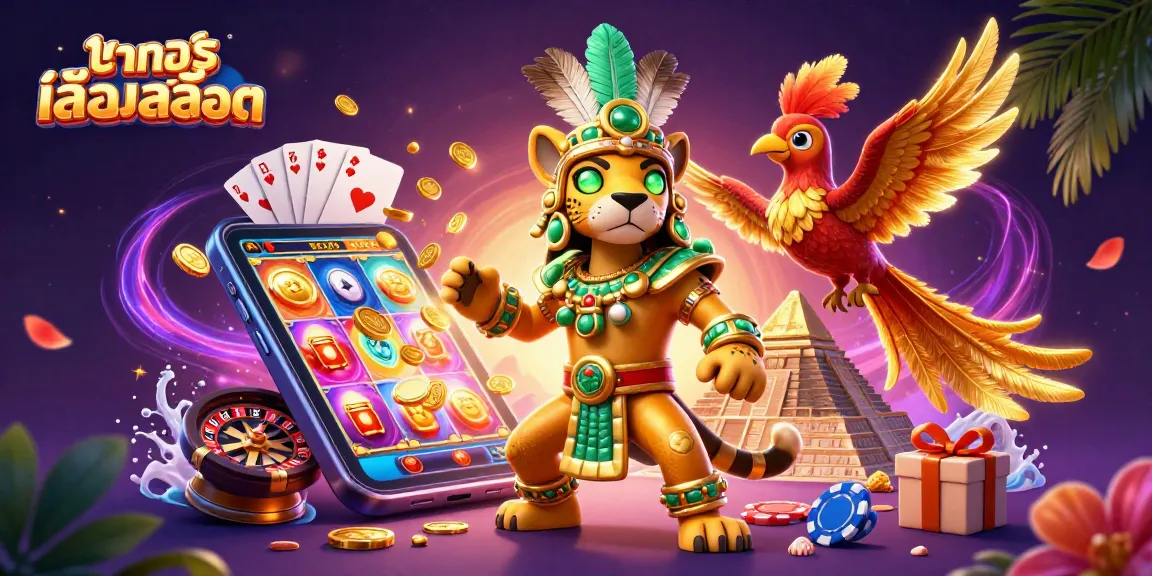 Engage with ทดลองเล่นสล็อต in this vibrant 3D scene showcasing a Mayan jaguar priest and his companions.