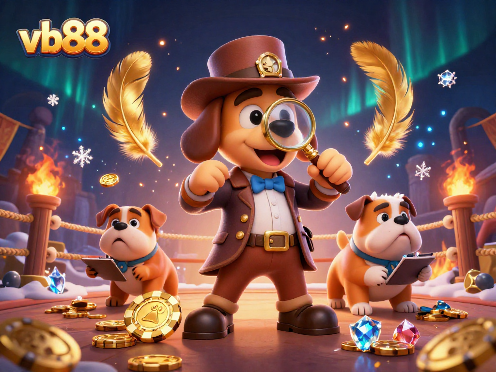 Engage with vb88 through a vibrant illustration of a detective and bulldog uncovering poker clues in a casino.