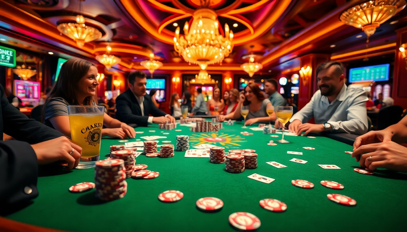 Spannende Atmosphäre am Poker Tisch bei casinospielen.de mit Spielern und Spielkarten.