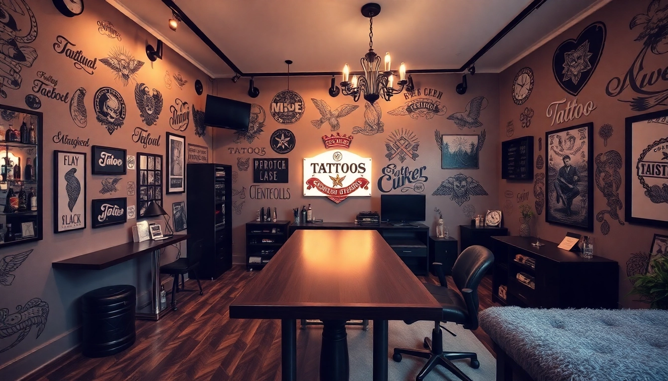 Tattoo Studio München: Moderne und kreative Atmosphäre mit einzigartigen Tattoo-Werken und warmem Licht.