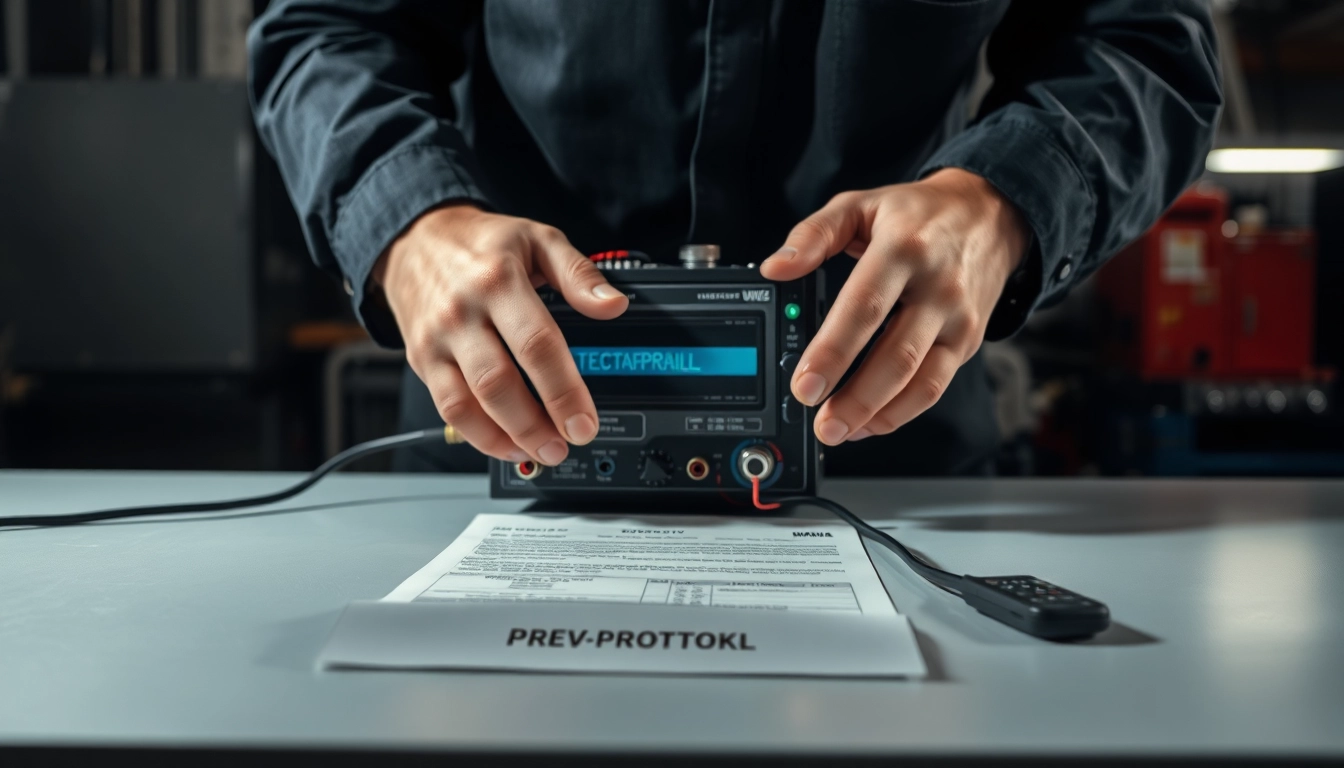 Techniker führt eine DGUV V3 Prüfung von elektrischen Geräten durch, um Sicherheit am Arbeitsplatz zu gewährleisten.