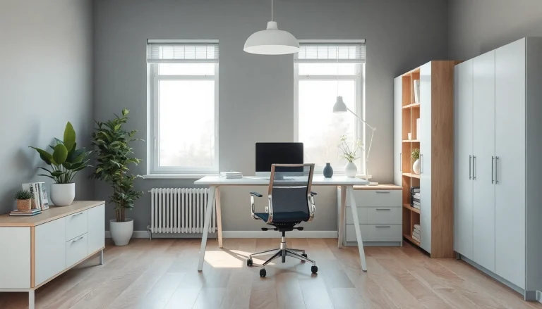 Moderne Büromöbel in einem inspirierenden Büro mit ergonomischem Schreibtisch und Stuhl.