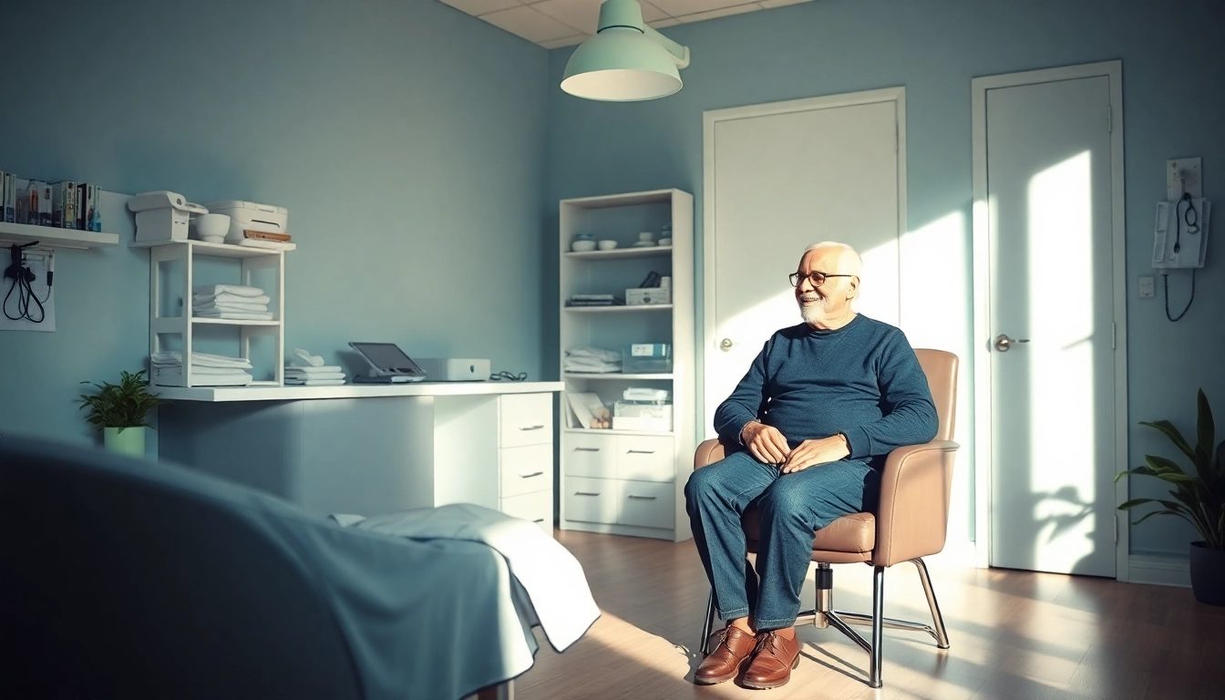 Älterer Patient bespricht Gewichtsverlust mit einem Arzt in einer hellen, einladenden Arztpraxis.