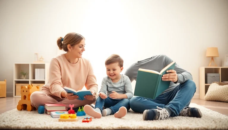 Kindererziehung: Begeisterte Eltern spielen mit ihrem Kind in einer freundlichen und lehrreichen Umgebung.