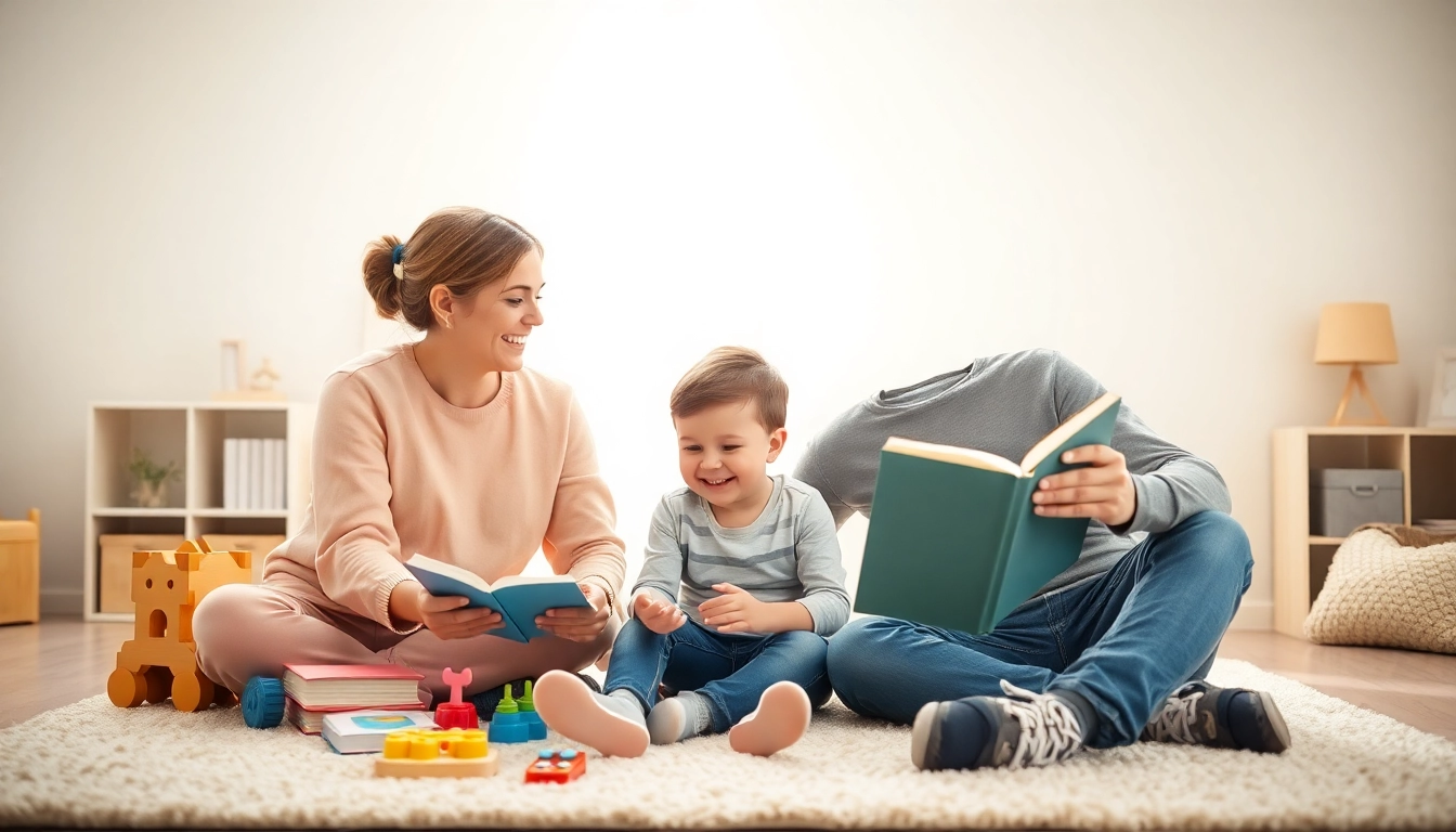 Kindererziehung: Begeisterte Eltern spielen mit ihrem Kind in einer freundlichen und lehrreichen Umgebung.