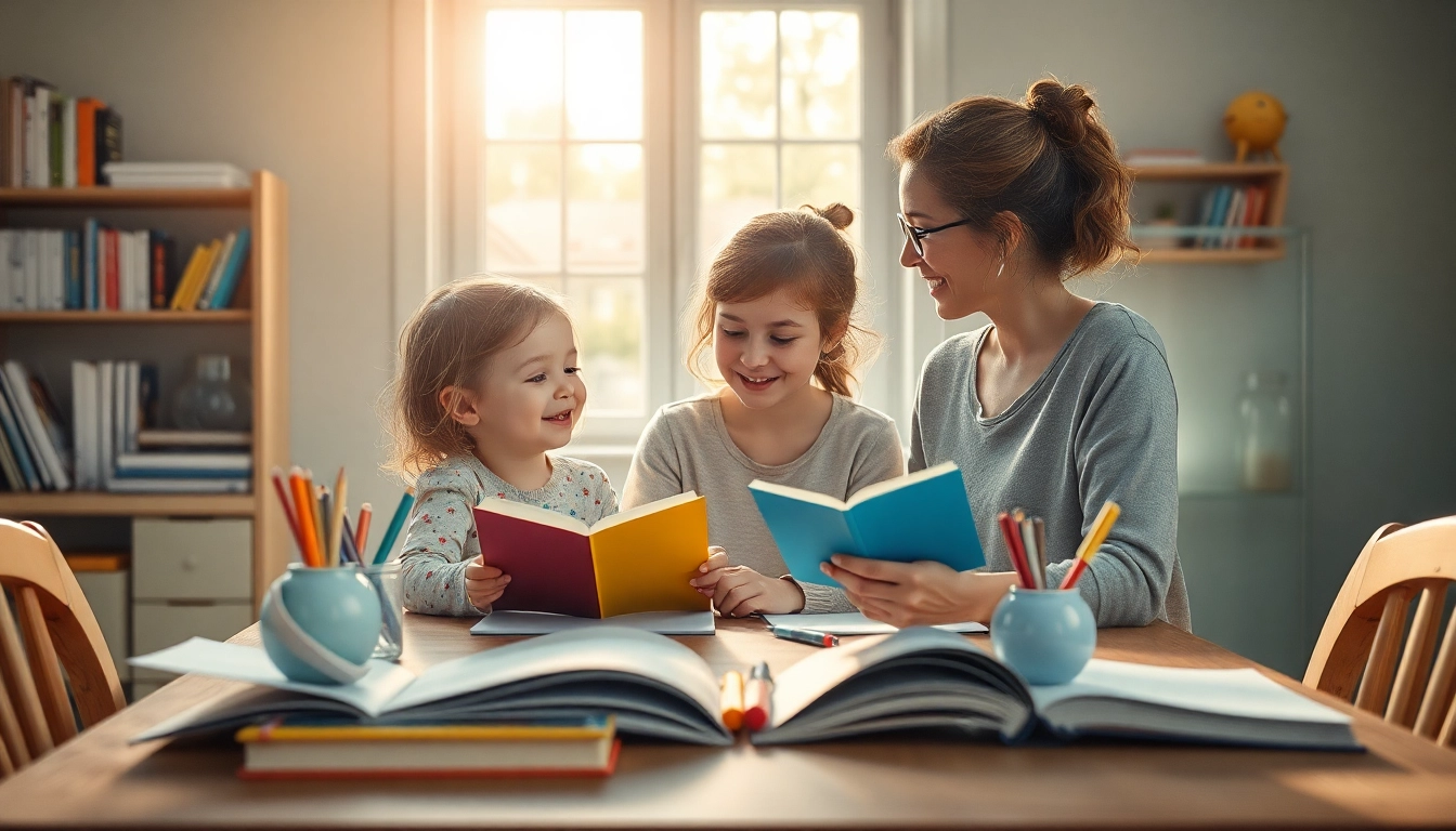 Präsentieren Sie eine harmonische Szene des Heimunterrichts, in der ein Kind und seine Mutter am Tisch mit Lernmaterialien arbeiten und eine positive Lernumgebung schaffen.