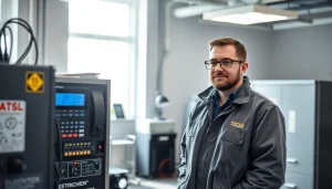 Techniker bei der DGUV V3 Prüfung von elektrischen Geräten im Büro für Sicherheit und Effizienz.