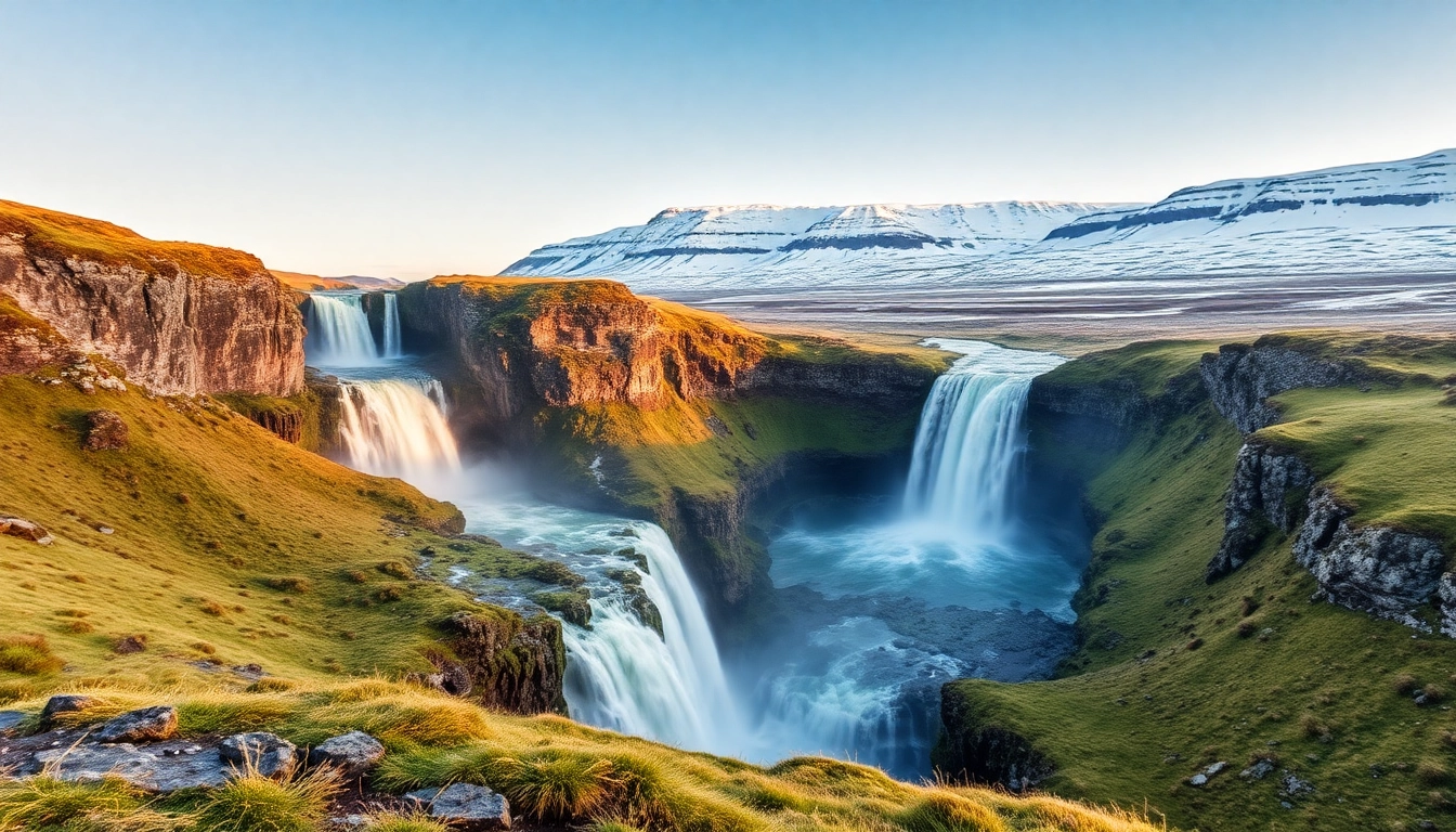 Erleben Sie eine beeindruckende Reise nach Island, mit den Gullfoss Wasserfällen und schneebedeckten Bergen im Hintergrund, die die Schönheit der Natur zeigen.