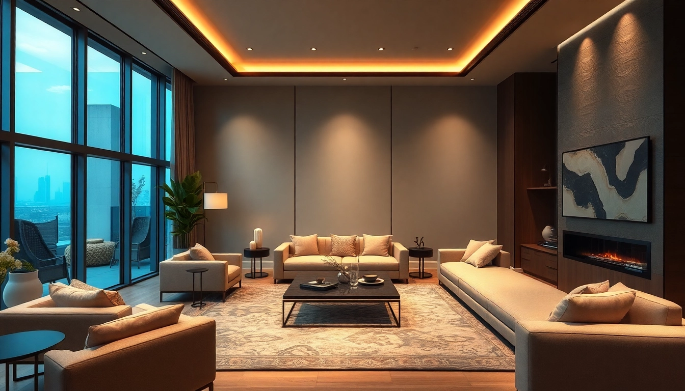 Luxury living room with elegant decor and soothing ambient lighting, creating a tranquil atmosphere.